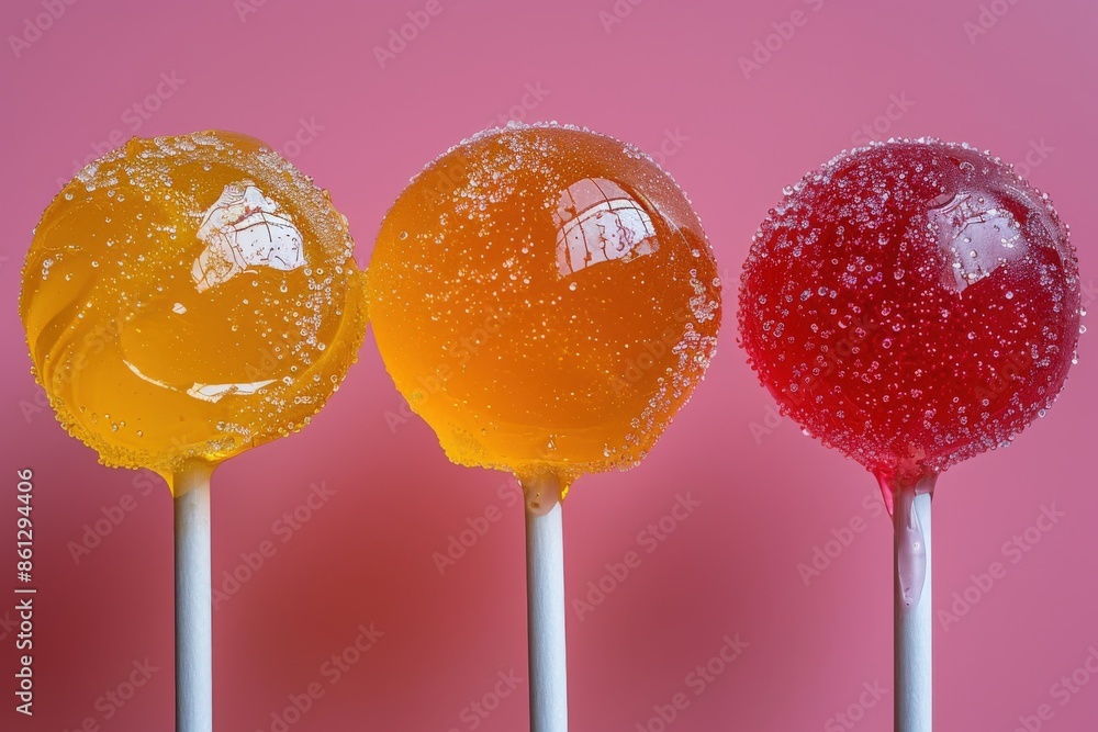 Three vibrant lollipops in yellow and red hues with a sugary coating stand against a solid pink background, showcasing their appealing texture and colors. Three vibrant lollipops in yellow and red hues with a sugary coating stand against a solid pink background, showcasing their appealing texture and colors.
