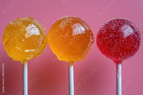 Three vibrant lollipops in yellow and red hues with a sugary coating stand against a solid pink background, showcasing their appealing texture and colors. © Nena Ai