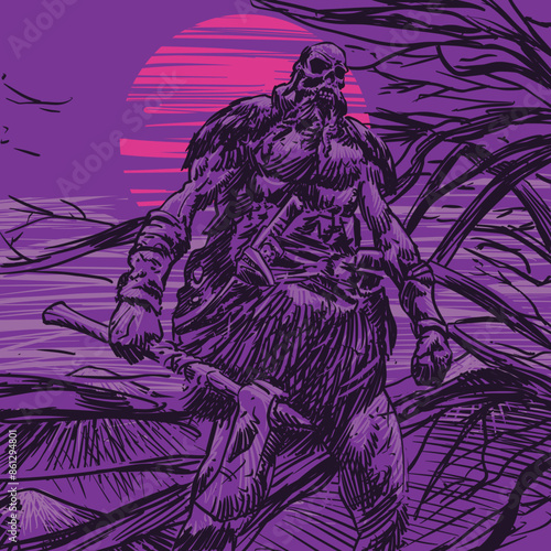 Vector Illustration of Viking Skull Holding an Axe with a Full Moon in the Background