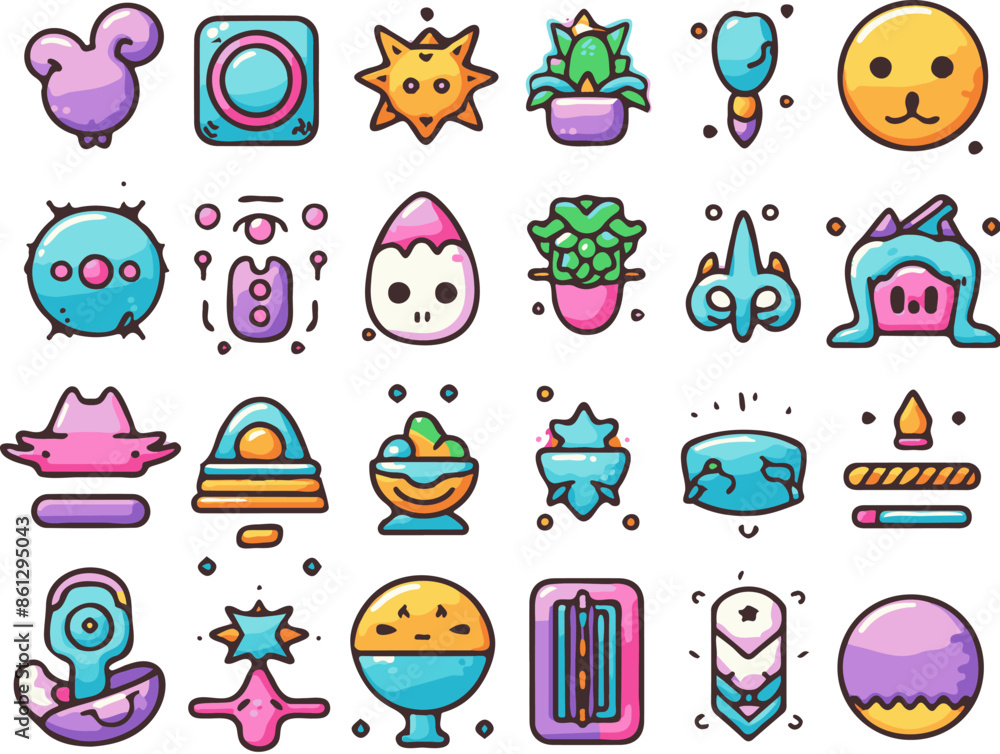A set of adorable cartoon icons of plant elements on a white background. A set of adorable cartoon icons of plant elements on a white background.