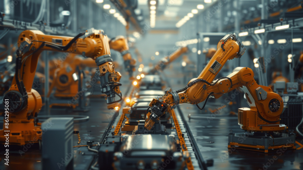 Automated industrial robots efficiently assembling products on a production line in a high-tech manufacturing factory. Automated industrial robots efficiently assembling products on a production line in a high-tech manufacturing factory.