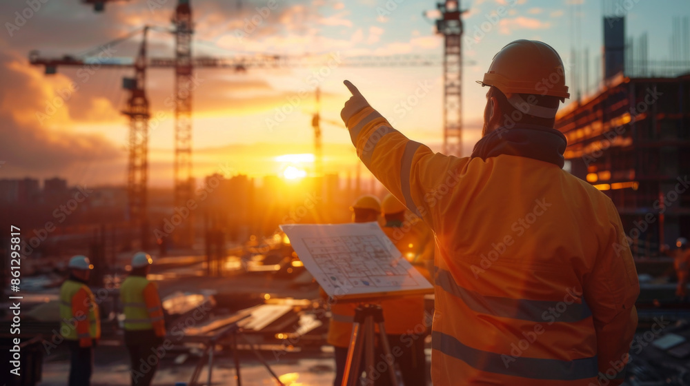 Fototapeta premium Team of construction workers planning and discussing at a construction site during sunrise, with cranes in the background.