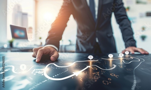 A businessman in a suit is seen strategizing by interacting with a futuristic digital touchscreen table displaying various data visualizations and strategic planning tools.