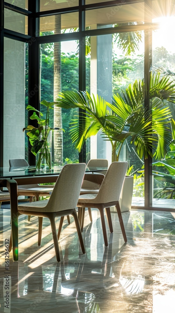 Fototapeta premium Stylish Modern Dining Room Bathed in Natural Light with Chic Glass Table, Designer Chairs, and Stunning Tropical Outdoor View. AI-Generated High-Resolution Wallpaper in Warm Tones