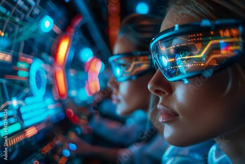 Beautiful individuals wearing eyeglasses monitor a futuristic holographic screen displaying a cyber attack on a computer system.