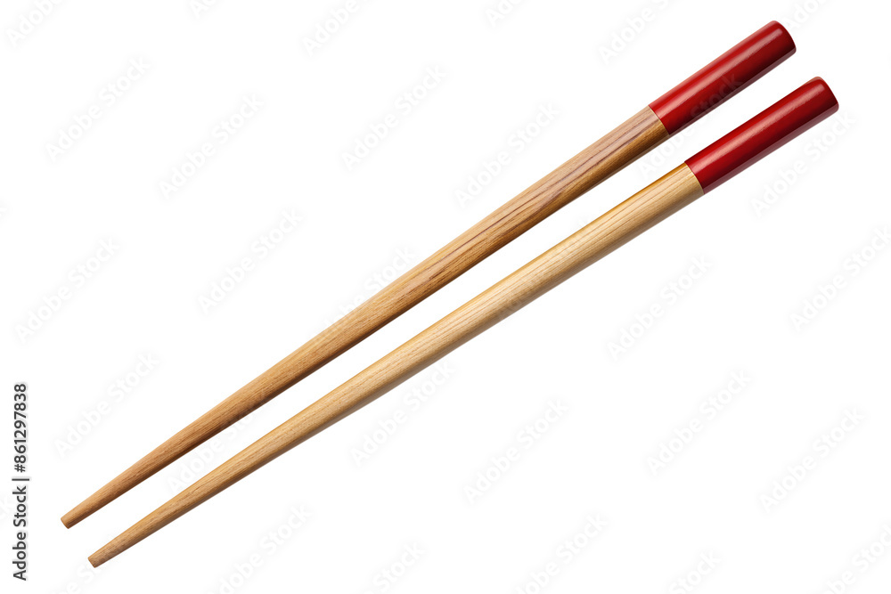 Wooden chopsticks on isolated PNG background. red chopstick tip, realistic texture. Wooden chopsticks on isolated PNG background. red chopstick tip, realistic texture.