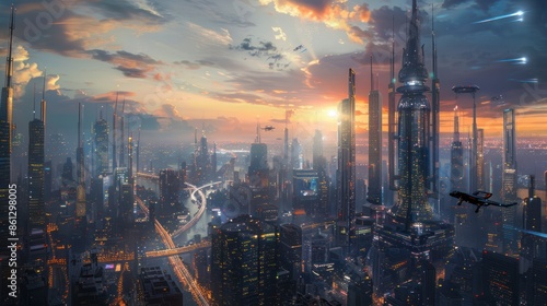 Wallpaper Mural A futuristic cityscape at dusk with flying cars and illuminated skyscrapers, highlighting advanced technology and urban development Torontodigital.ca