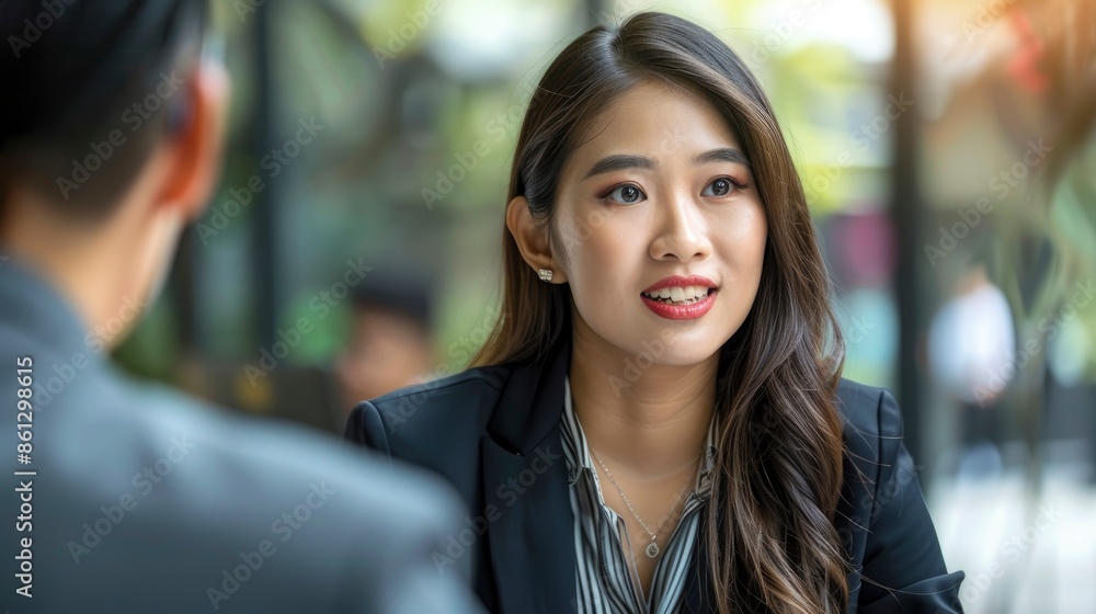 Obraz premium A Professional And Confident Asian Businesswoman Talking With Her Business Client, Her Expertise And Professionalism Evident