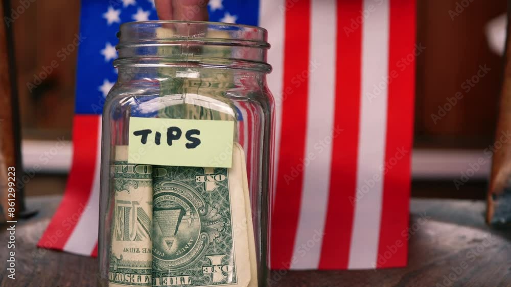 Tip jar with dollars and American flag background c