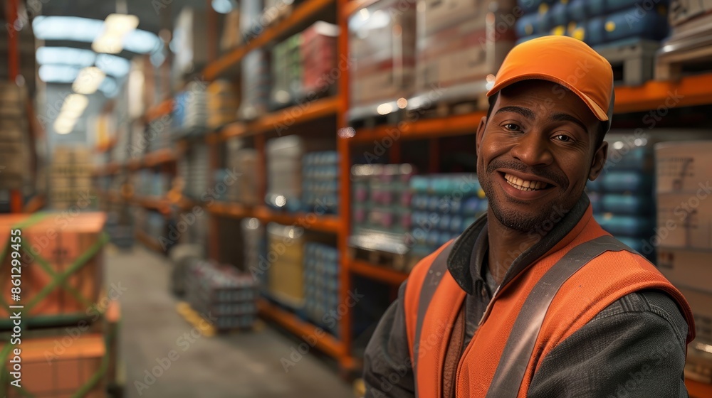 A Smiling Warehouse Loader Posing For The Camera At Work, His Satisfaction And Pride Evident A Smiling Warehouse Loader Posing For The Camera At Work, His Satisfaction And Pride Evident