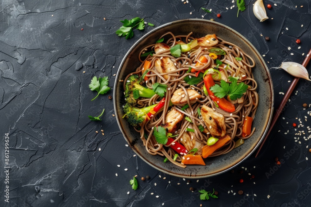 Bowl with Asian chicken stir fry soba noodles with vegetables on dark black stone background from above, Chinese Thai or Japanese noodles dish with soy sauce Bowl with Asian chicken stir fry soba noodles with vegetables on dark black stone background from above, Chinese Thai or Japanese noodles dish with soy sauce