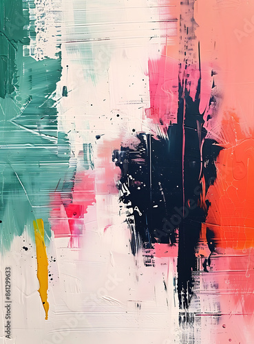  Skillfully layered brush strokes create an abstract modern art painting with vibrant green, white, pink, and black colors. Perfect for any wall or wallpaper