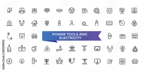 Power Tools And Equipment Icon set with editable stroke collection for web and ui. Line icons pack. Vector illustration.