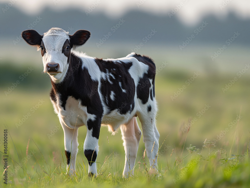 Idyllic Countryside Scene: Black and White Cow Grazing on Green Grass in Sunny Day with White Fences, Blur Background, Wide Angle Idyllic Countryside Scene: Black and White Cow Grazing on Green Grass in Sunny Day with White Fences, Blur Background, Wide Angle