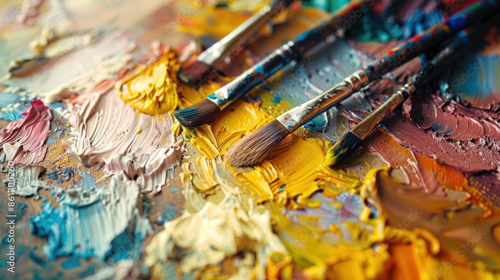 A close-up of an artist's palette with vibrant paints and brushes, showcasing creativity and the process of making art A close-up of an artist's palette with vibrant paints and brushes, showcasing creativity and the process of making art
