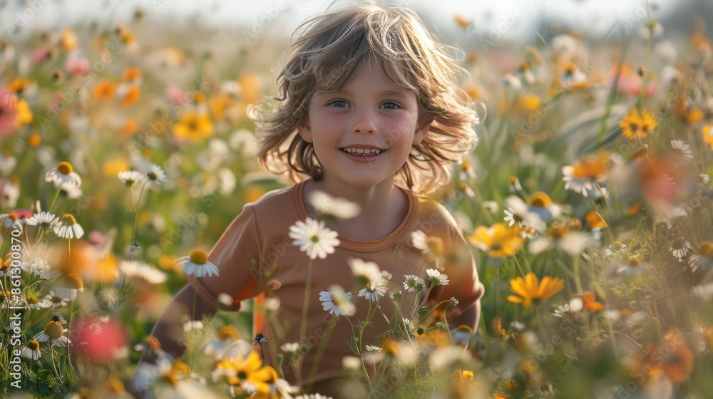 A child joyfully running through a field of wildflowers on a sunny day, with the flowers in full bloom and the child carefree expression capturing the essence of childhood happiness and nature beauty. A child joyfully running through a field of wildflowers on a sunny day, with the flowers in full bloom and the child carefree expression capturing the essence of childhood happiness and nature beauty.