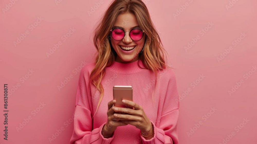 Happy Woman Using Smartphone in Pink Themed Room Happy Woman Using Smartphone in Pink Themed Room
