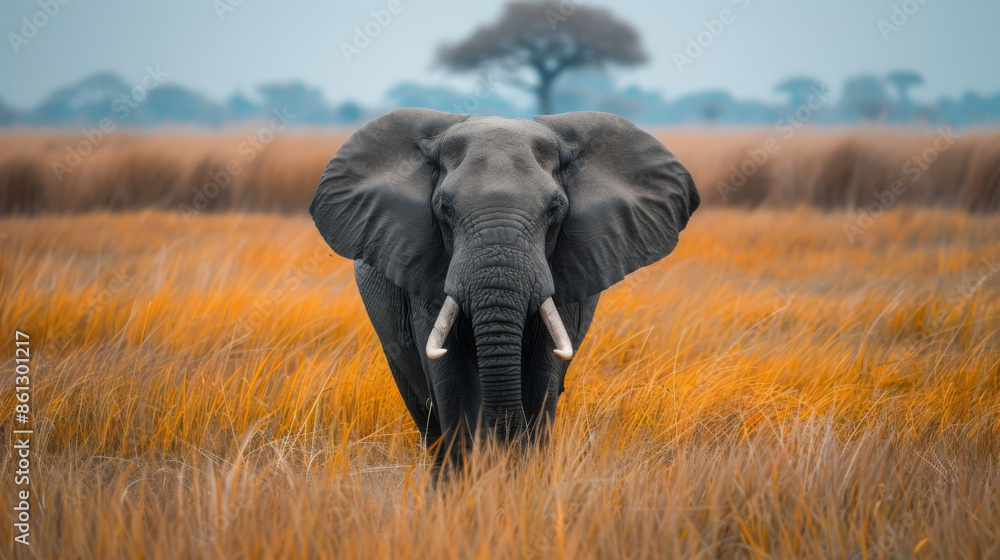 Fototapeta premium Majestic elephant standing in the tall grass of the African savanna with a distant tree and hazy sky in the background.