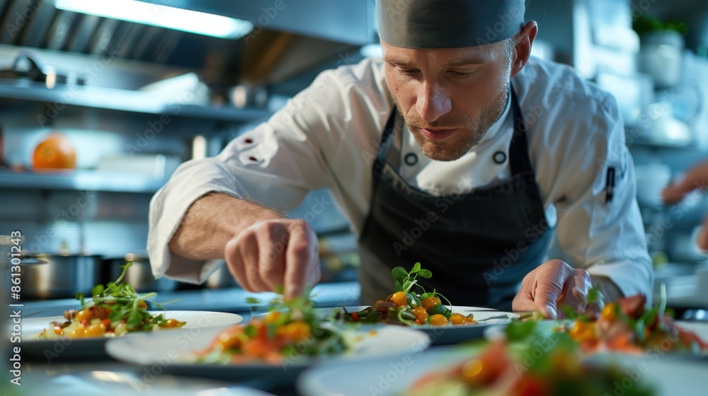 A chef meticulously plating a gourmet dish in a modern kitchen, highlighting the vibrant colors and intricate presentation of the food, showcasing culinary artistry and attention to detail. The back A chef meticulously plating a gourmet dish in a modern kitchen, highlighting the vibrant colors and intricate presentation of the food, showcasing culinary artistry and attention to detail. The back