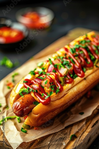 Appetizing Hot Dog Topped with Fresh Vegetables and Sauces