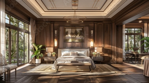 A modern bedroom with wood paneling on the walls and ceiling. The bed is made with a white duvet and brown blankets. There are plants and lamps on the side tables © lililia