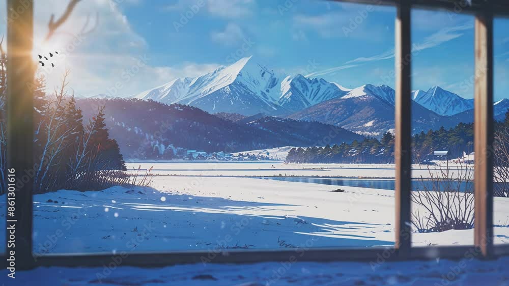 A view of snow-capped mountains in the distance with a frozen lake in front, seen through a cabin window. A view of snow-capped mountains in the distance with a frozen lake in front, seen through a cabin window.