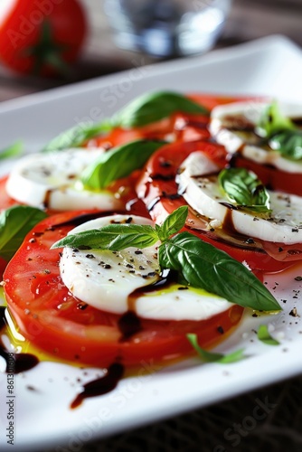 Fresh Caprese Salad with Tomatoes, Mozzarella, and Basil on White Plate