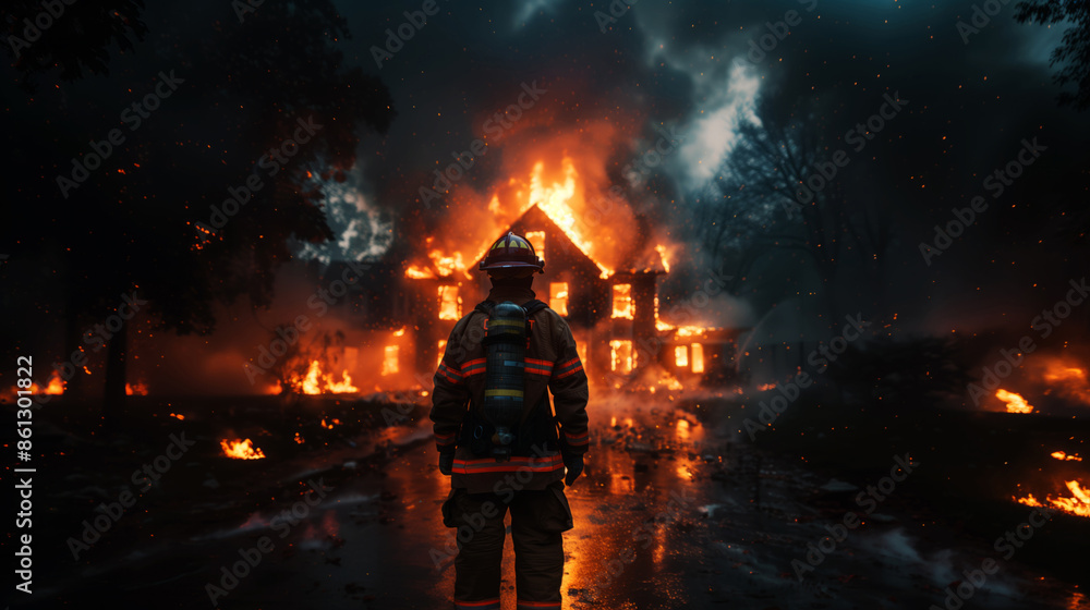 Brave firefighter facing a blazing house fire. Generative AI image Brave firefighter facing a blazing house fire. Generative AI image