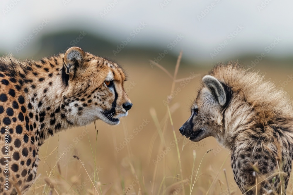 Obraz premium Cheetah, mother of four cubs, confronts a spotted hyena 