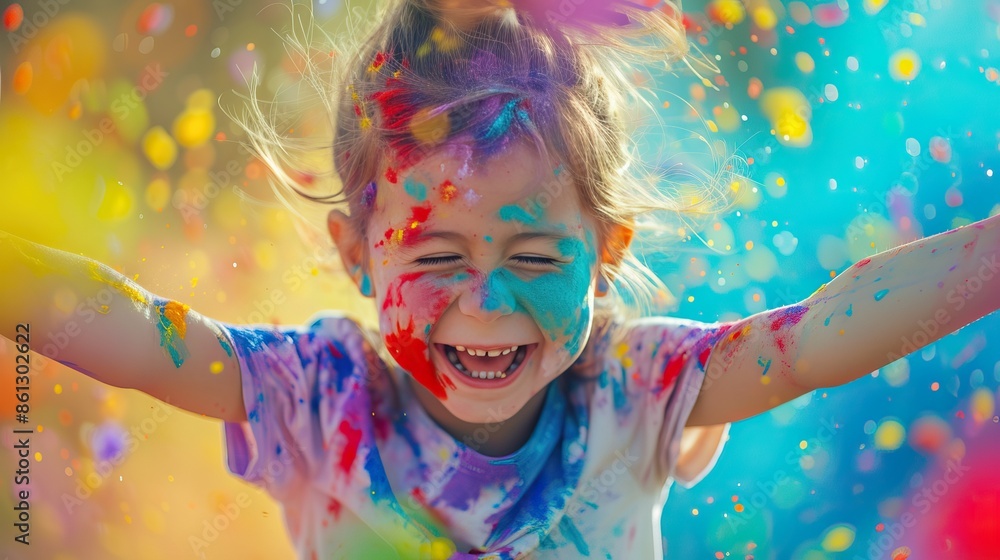 A joyful child with paint splattered on their face and clothes, smiling and raising their arms in celebration. The background is filled with vibrant colors, creating a festive atmosphere. A joyful child with paint splattered on their face and clothes, smiling and raising their arms in celebration. The background is filled with vibrant colors, creating a festive atmosphere.