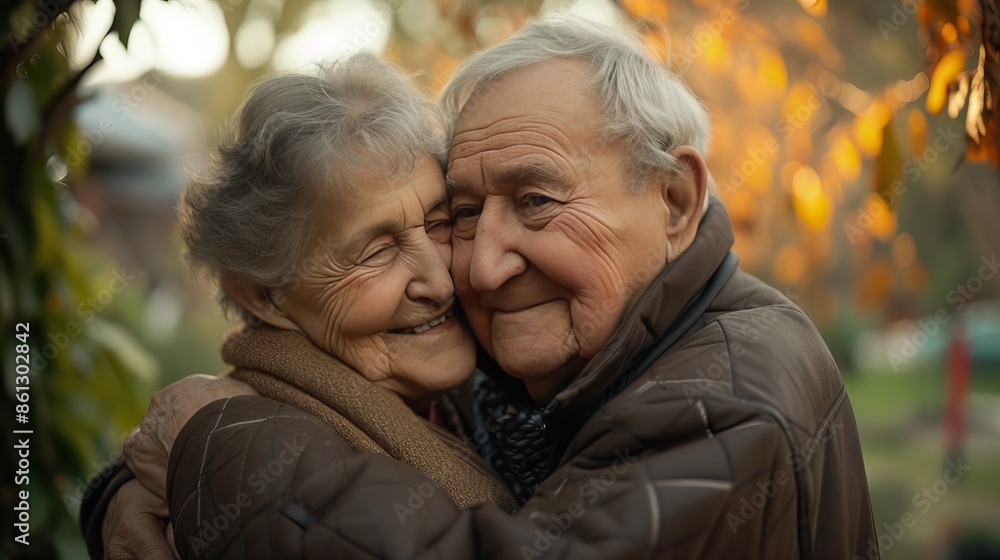 An elderly couple embracing each other warmly in an outdoor setting with autumn leaves in the background. They are both smiling and wearing warm clothing. An elderly couple embracing each other warmly in an outdoor setting with autumn leaves in the background. They are both smiling and wearing warm clothing.