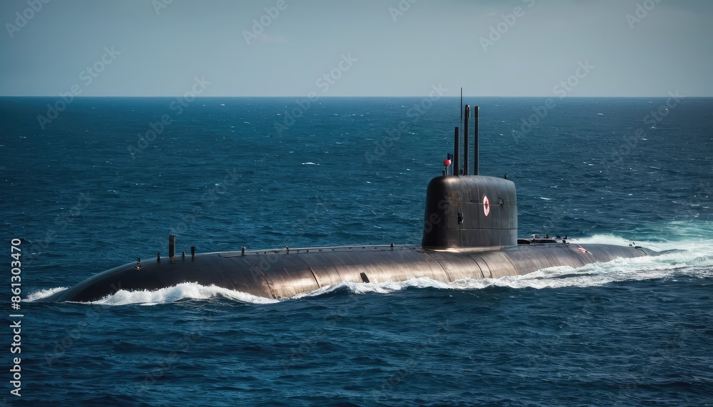 Fototapeta premium An advanced submarine navigating calm waters, highlighting cutting-edge naval capabilities