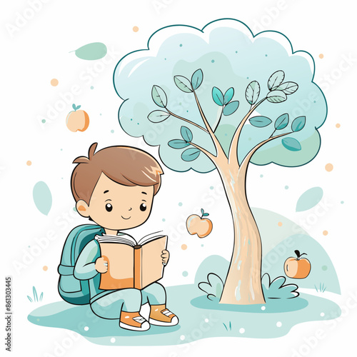 Back to School Minimalist Vector Picture of Boy Reading Under a Tree