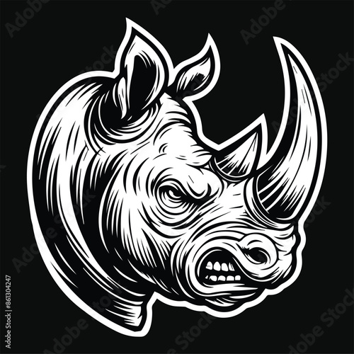 Wallpaper Mural Dark Art Rhino Wild Head with Sharp Horn Black and White Illustration Torontodigital.ca