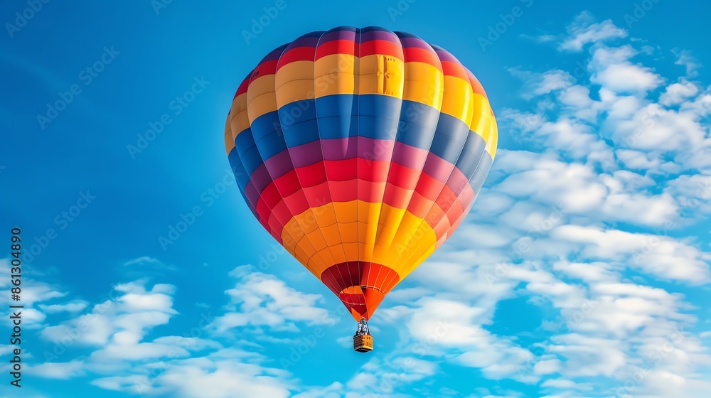 Obraz premium A colorful hot air balloon floats in a clear blue sky.