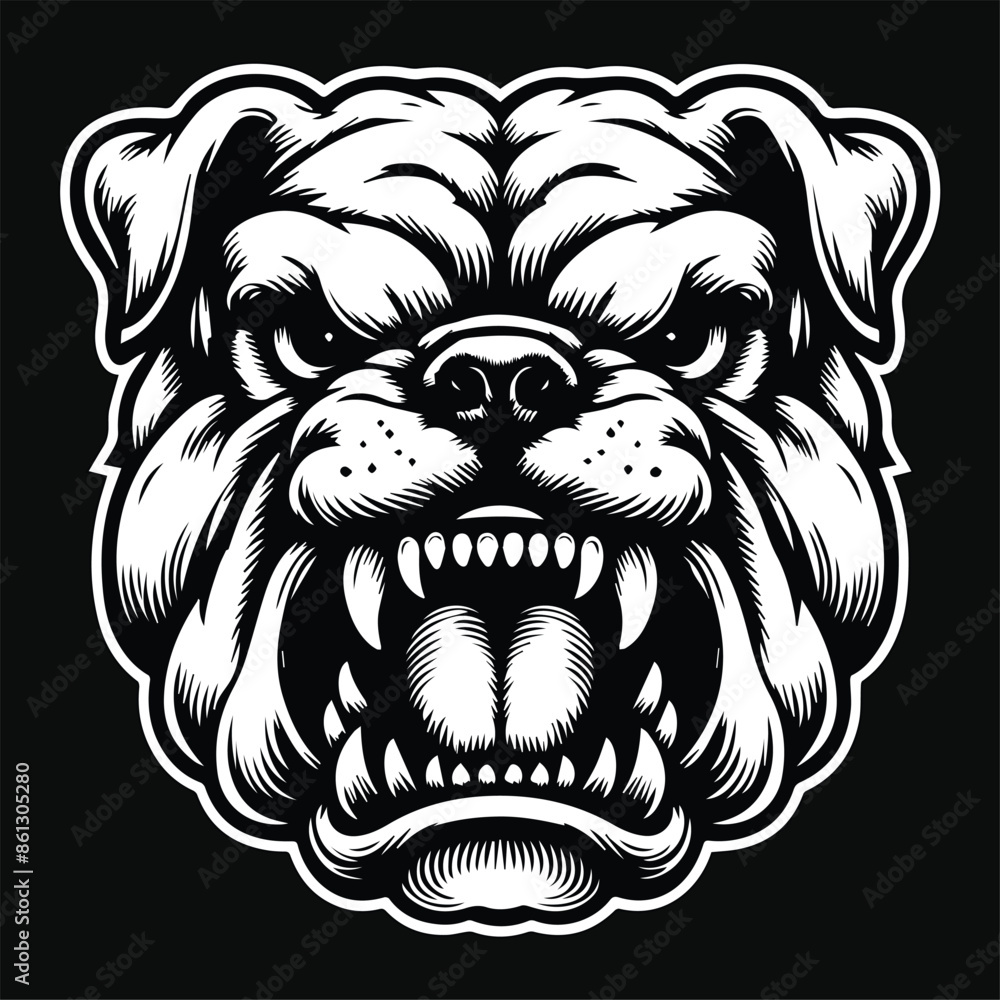 Obraz premium Dark Art Vicious Angry Beast Bulldog Head with Sharp Teeth Black and White Illustration