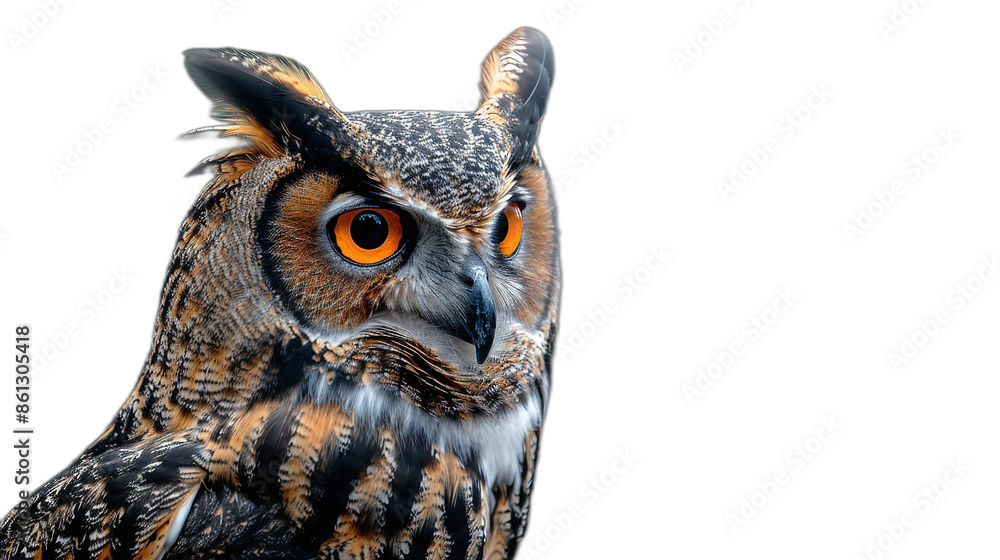 A close-up portrait of a Eurasian Eagle Owl on a transparent background A close-up portrait of a Eurasian Eagle Owl on a transparent background