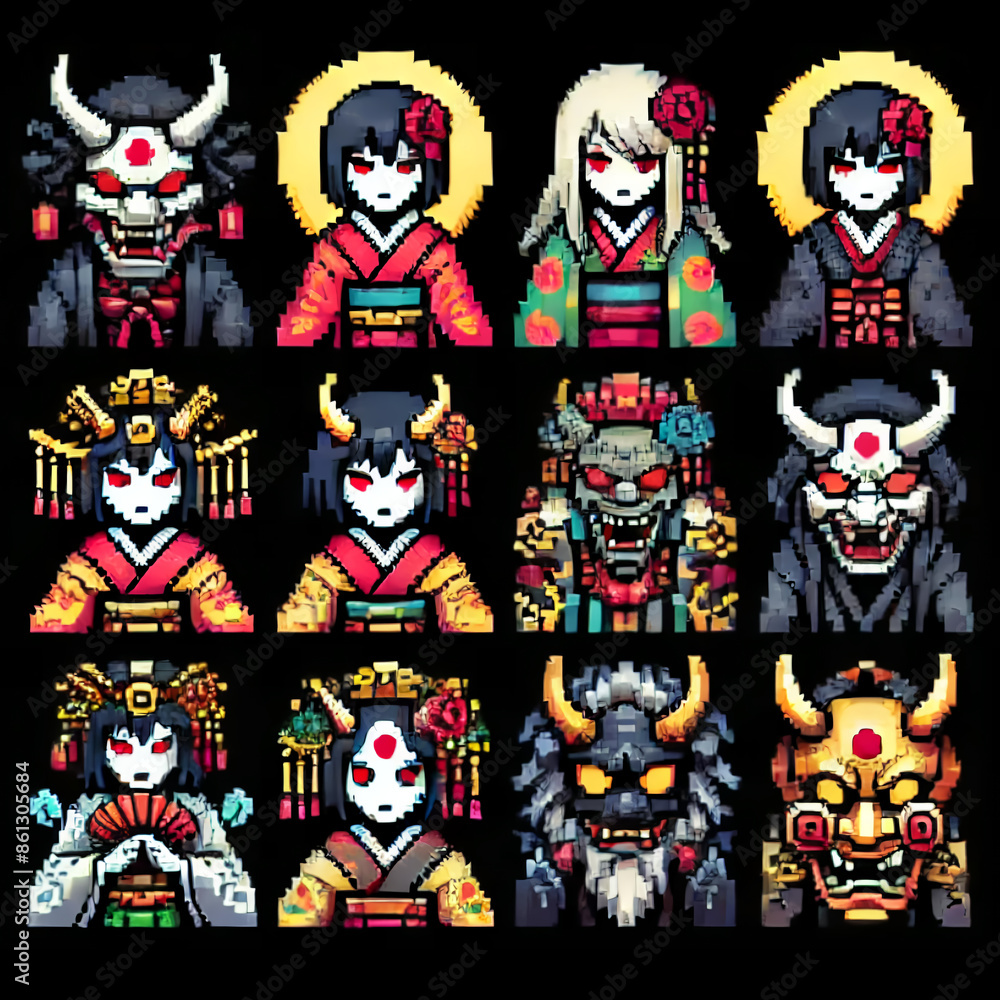 A sprite sheet for a Japanese RPG featuring Hannya icons A sprite sheet for a Japanese RPG featuring Hannya icons