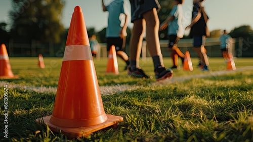 A row of orange cones lines up on a green grass field with blurry figures of young athletes playing soccer in the background