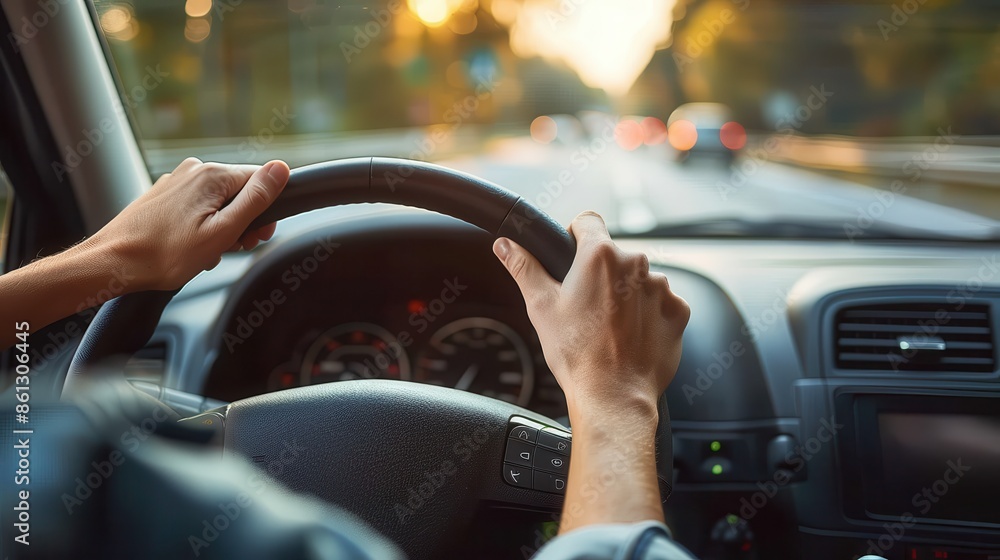 This image depicts hands on a car's steering wheel with the blurred road visible ahead, illustrating a sense of forward motion and focus as the driver navigates through the traffic. This image depicts hands on a car's steering wheel with the blurred road visible ahead, illustrating a sense of forward motion and focus as the driver navigates through the traffic.