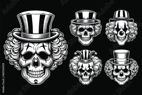 Dark Art Creepy Angry Clown Skull Head with Hat Black and White Illustration
