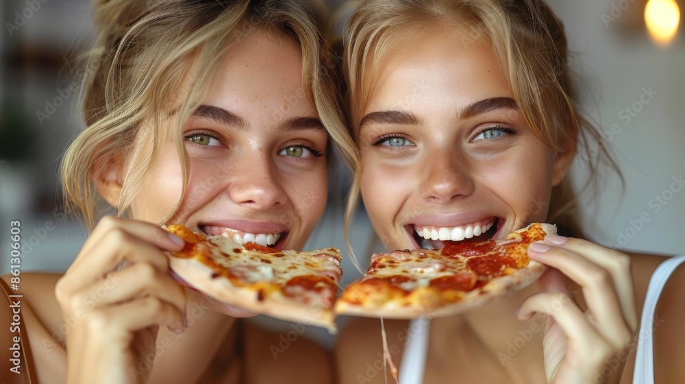 Two women, closely bonded and smiling, savor slices of pepperoni pizza, capturing the essence of friendship, shared joy, and delightful food moments enjoyed together. Two women, closely bonded and smiling, savor slices of pepperoni pizza, capturing the essence of friendship, shared joy, and delightful food moments enjoyed together.