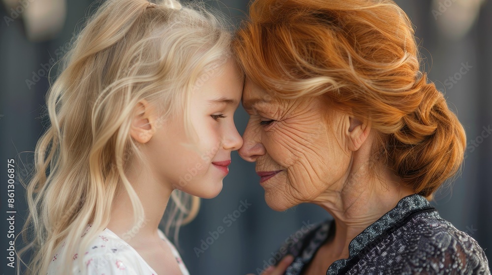 A poignant image capturing an elderly woman and a young child touching foreheads, sharing an intimate moment that highlights their bond, love, and mutual affection. A poignant image capturing an elderly woman and a young child touching foreheads, sharing an intimate moment that highlights their bond, love, and mutual affection.