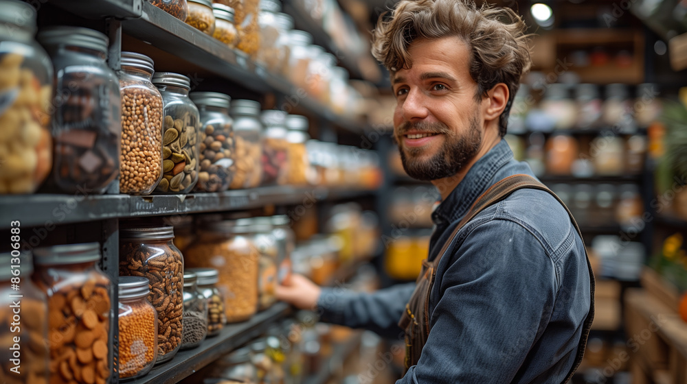 Small business owner stocking shelves, with a focus on empty space for text Small business owner stocking shelves, with a focus on empty space for text