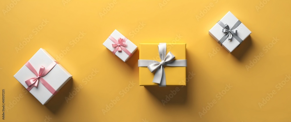 gift box on yellow background top view banner with copy space