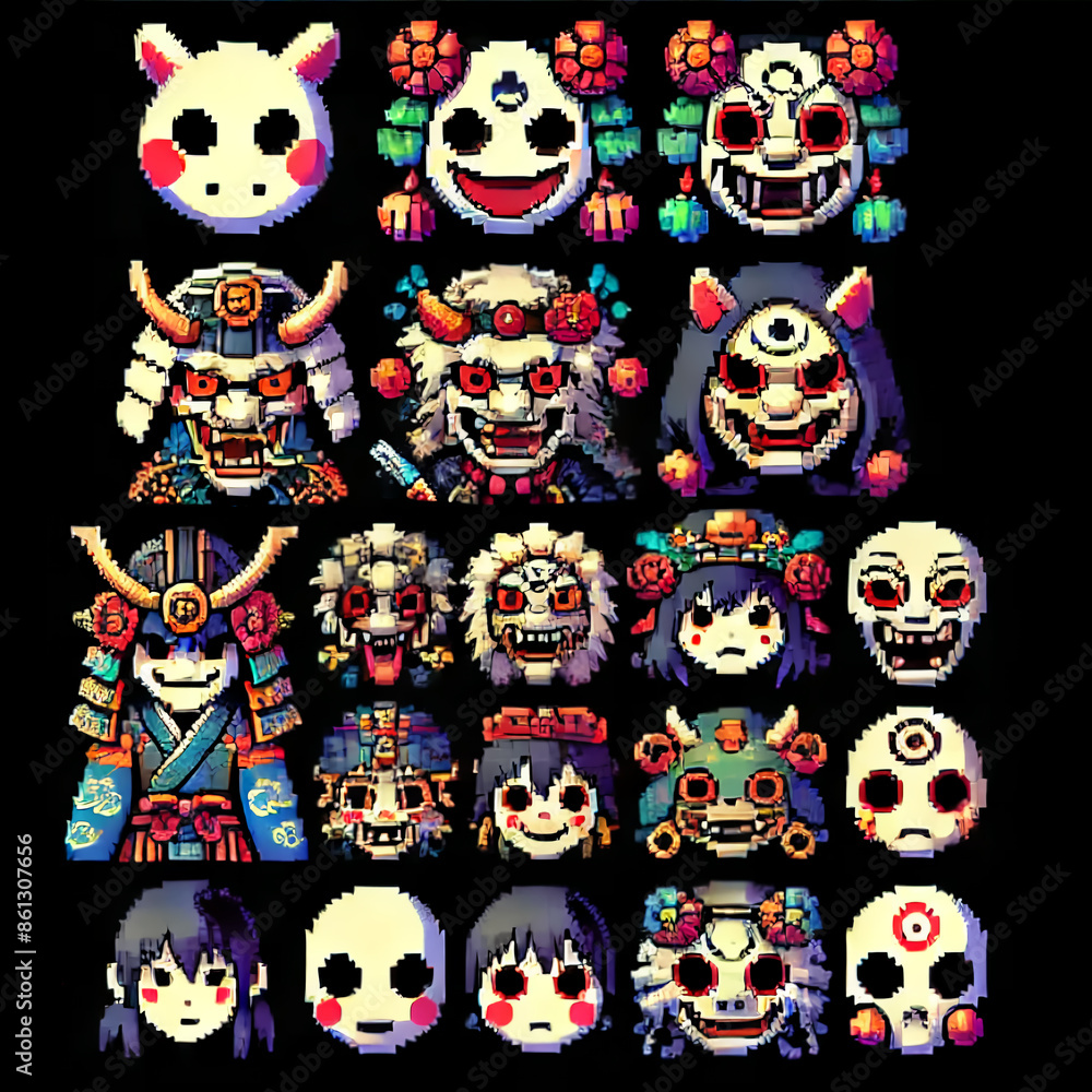 A sprite sheet for a Japanese RPG featuring Amanojaku icons A sprite sheet for a Japanese RPG featuring Amanojaku icons