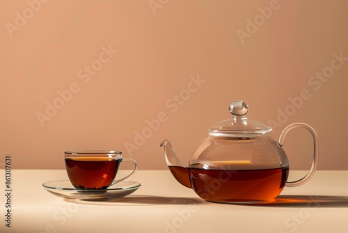 Freshly brewed organic black tea in transparent glass teapot and in glass clear teacup on beige background, selective focus