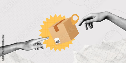 Trendy Halftone Collage Two Hand pointing to cardboard box with location pin. Online shopping and delivery concept. Delivery of package from hand to hand. Contemporary vector illustration art