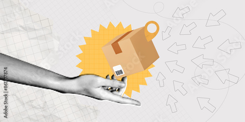 Trendy Halftone Collage Hand holding cardboard box with location pin. Shopping and delivery concept. Send parcel via courier. Abstract banner. Contemporary vector illustration art