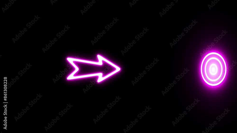 Bow arrows fly over target animation. Neon target target with arrow on black background. With a bright effect animated neon arrow target board icon. Bow arrows fly over target animation. Neon target target with arrow on black background. With a bright effect animated neon arrow target board icon.